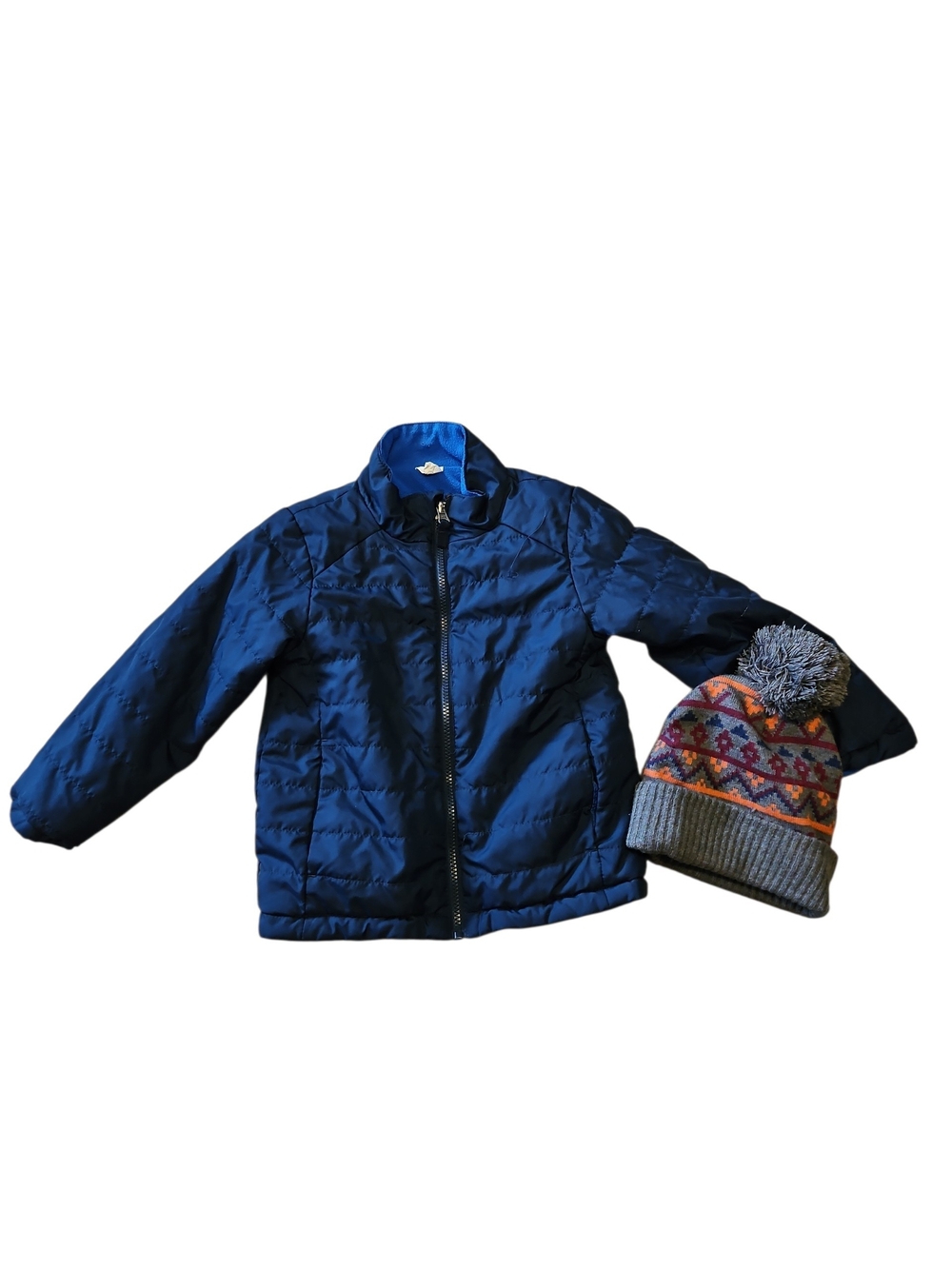 Blue Quilted Kids Fleece Jacket with Zip Front - Matching Hat
